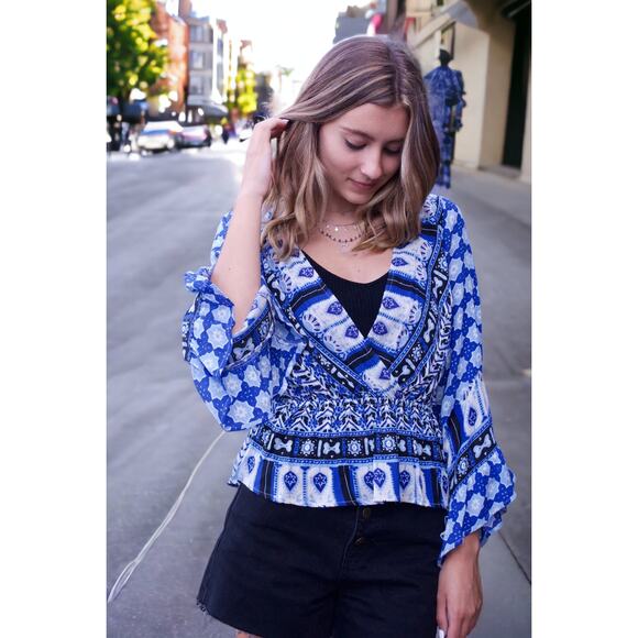 NWT - Free People Rosalie Wrap Top Indigo Combo Size: XS - Picture 1 of 7